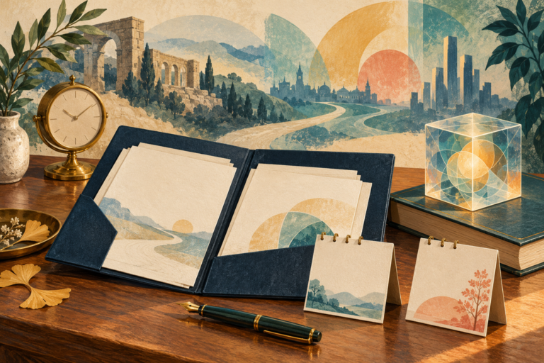 Open archive folder, two spiral-bound display cards, brass clock and glowing glass cube on a desk against a changing landscape.