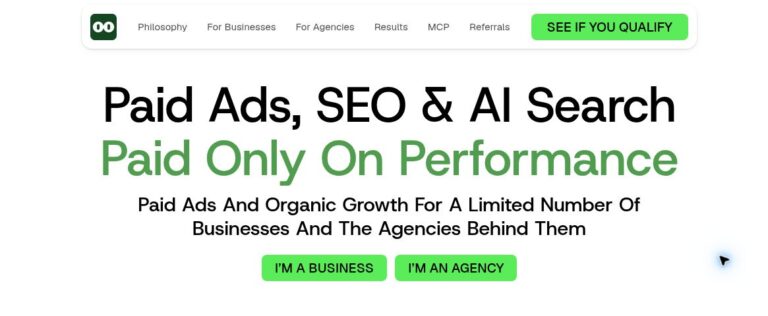 Groas homepage showing its paid ads, SEO and AI search headline with separate business and agency buttons.