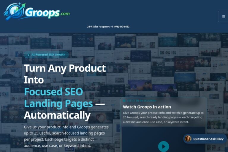 Groops.com 4 Groops.com homepage with its logo and introduction to AI-generated SEO landing-page clusters