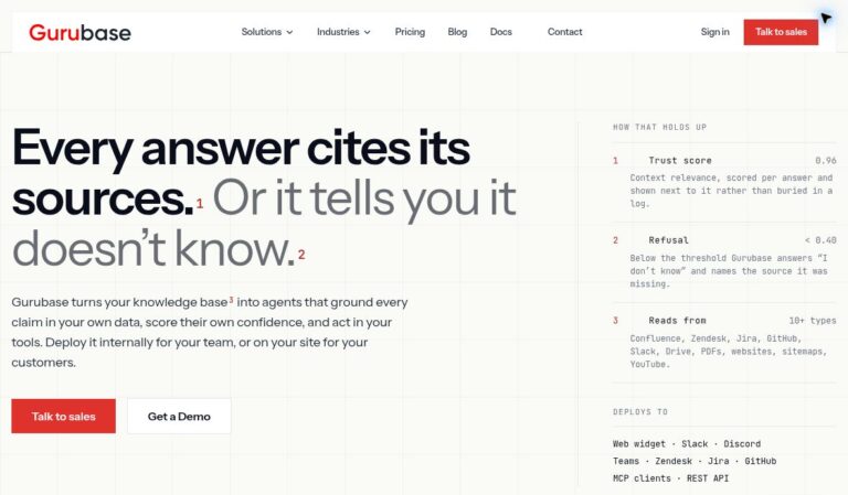 Gurubase AI 8 Gurubase official homepage with citation and refusal headline, two call-to-action buttons and public trust-score and source panel