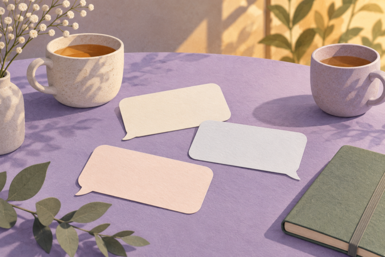 Two cups beside blank message cards and a closed notebook on a lavender tabletop.