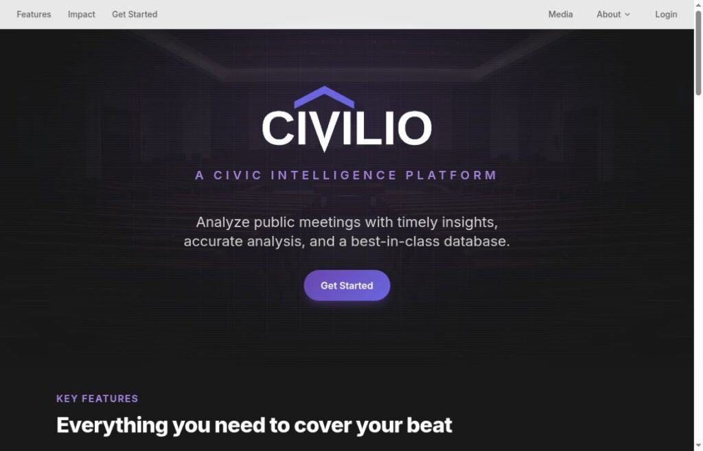 HeyWire AI 3 Civilio official homepage, the current destination of heywire.ai, showing civic research tools