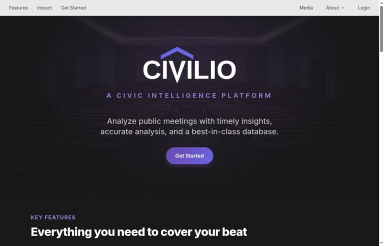 Civilio official homepage, the current destination of heywire.ai, showing civic research tools