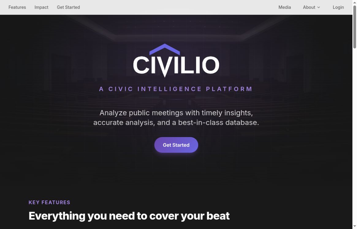 Civilio 官方主頁，即 heywire.ai 的當前目標網站，展示了公民研究工具。
