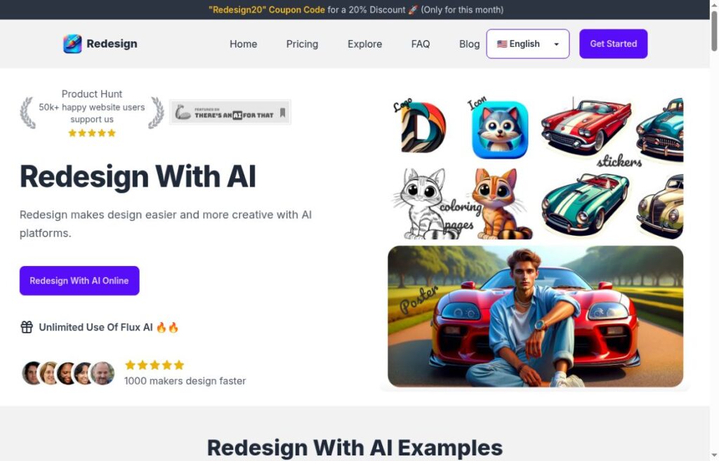 Redesign With AI homepage with its design-generation headline and example logo, cat icon, stickers and poster.