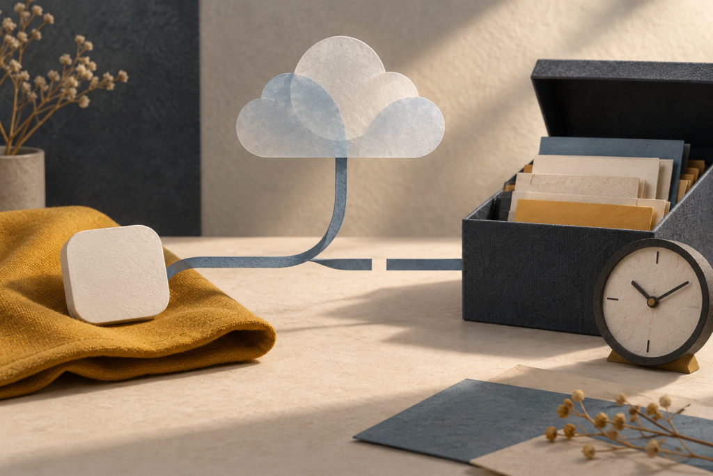Humane AI Pin (Discontinued) 5 Blank paper token on ochre fabric beside a paper cloud, interrupted ribbon, archive box and clock.