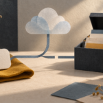Blank paper token on ochre fabric beside a paper cloud, interrupted ribbon, archive box and clock.