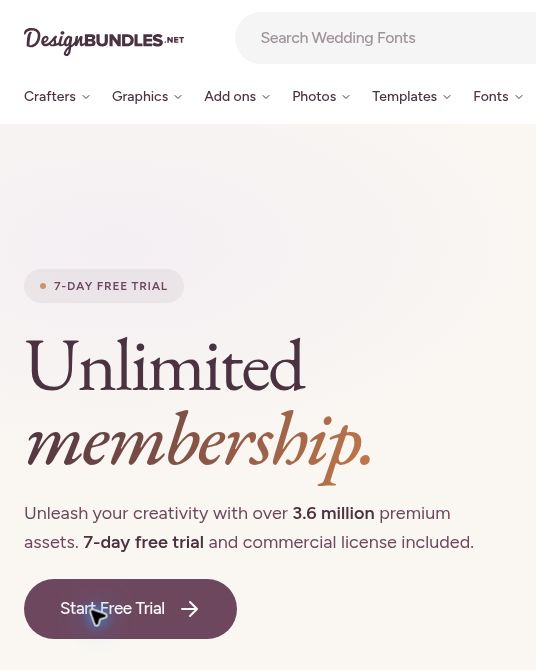 IllustrateAI 5 Design Bundles membership homepage showing the brand, Unlimited membership headline, seven-day trial promotion and introductory description