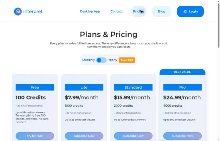Interpret AI official pricing page with monthly plan selection and credit allowances