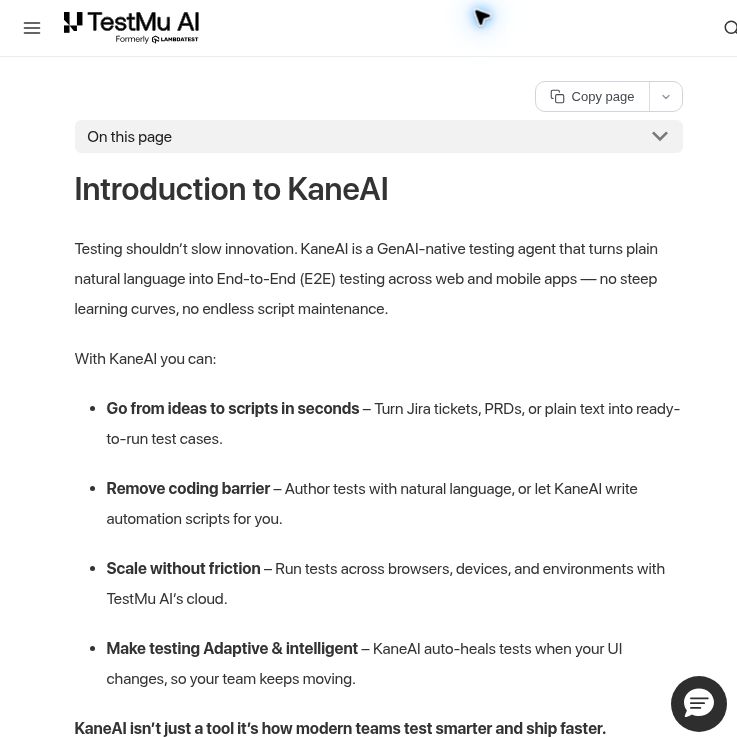 KaneAI: AI Test Automation by TestMu AI 7 TestMu AI documentation page titled Introduction to KaneAI, with its natural-language testing overview.