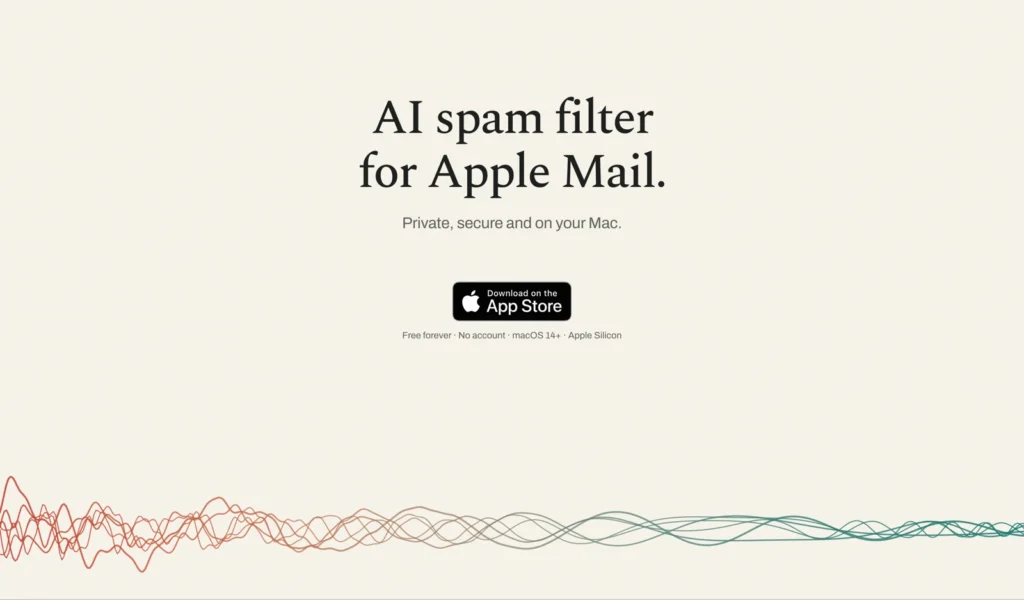 Klar 1 Official Klar homepage hero introducing an AI spam filter for Apple Mail with an App Store download button.