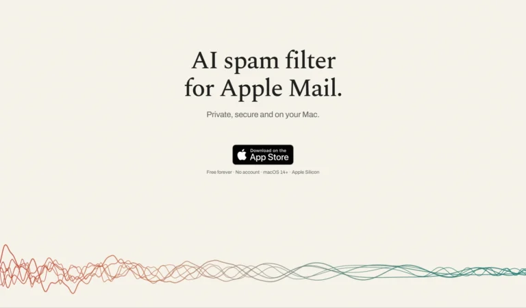 Official Klar homepage hero introducing an AI spam filter for Apple Mail with an App Store download button.