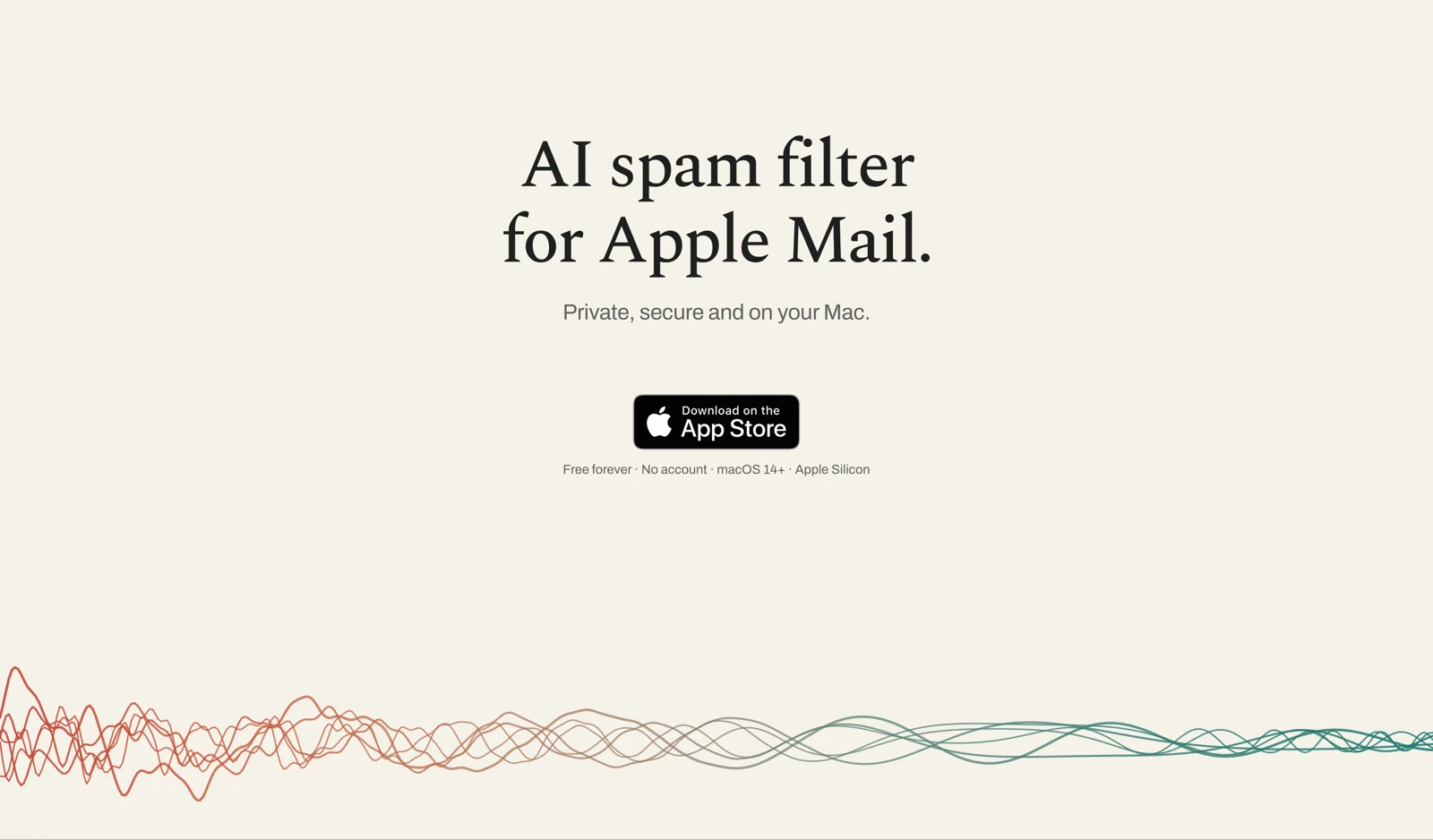 Klar 2 Official Klar homepage hero introducing an AI spam filter for Apple Mail with an App Store download button.