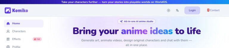 Komiko homepage header showing its logo, anime-studio headline and a separate WorldOS promotional strip.