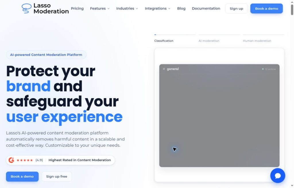 Lasso Moderation AI 2 Lasso Moderation homepage introducing automated content moderation