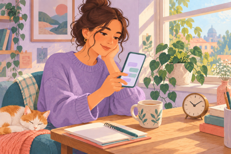 Illustration of a person replying on a smartphone beside a clock, mug and notebook.