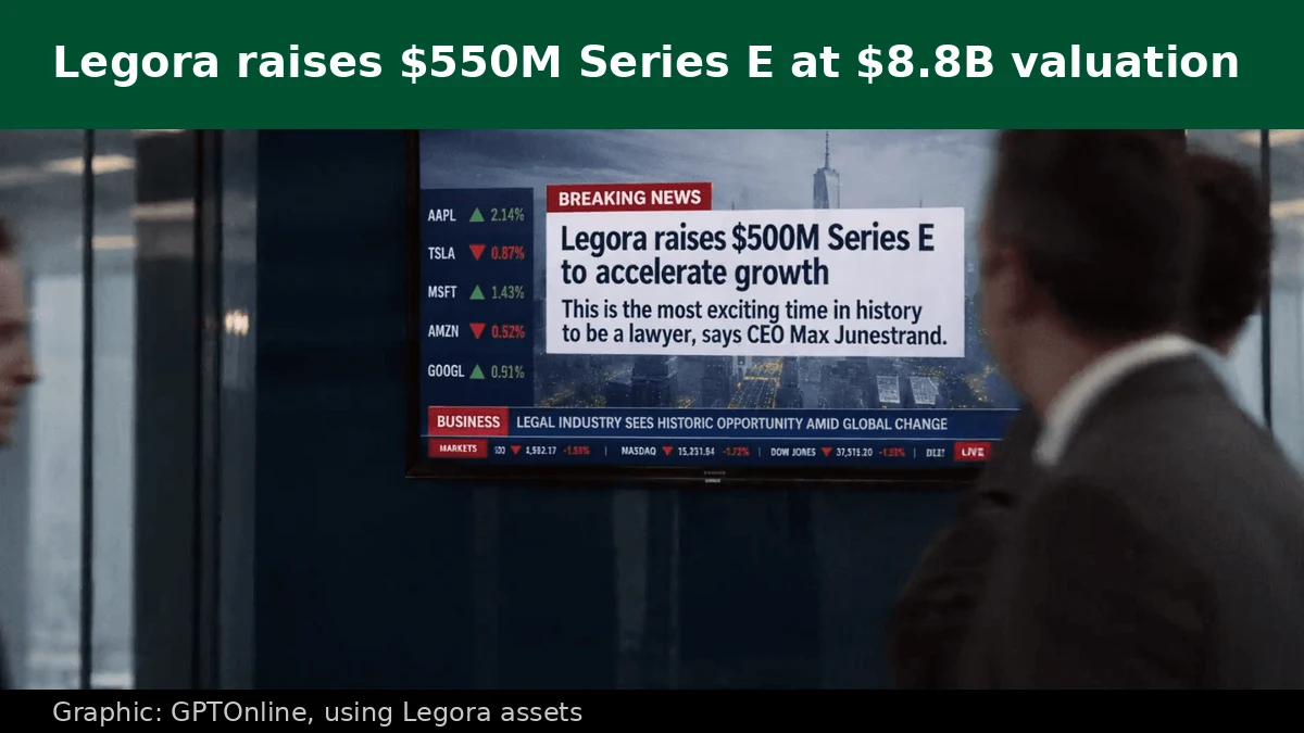 Editorial graphic using Legora's official announcement art, headlined Legora raises $550M Series E at $8.8B valuation