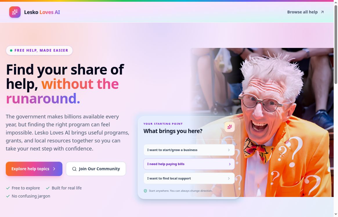Gustung-gusto ng Lesko ang AI 2 Lesko Loves AI homepage with assistance topics and Matthew Lesko