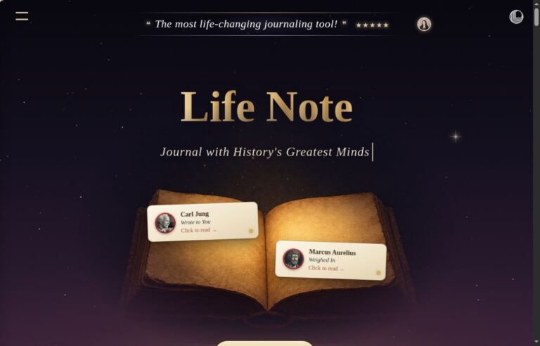 Life Note official homepage with an open journal and Carl Jung and Marcus Aurelius mentor cards