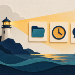 A lighthouse shines toward cards showing a folder, a clock, and speech bubbles.