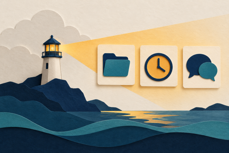 LightVela: A Managed Cloud Home for Your Personal AI Agent 10 A lighthouse shines toward cards showing a folder, a clock, and speech bubbles.