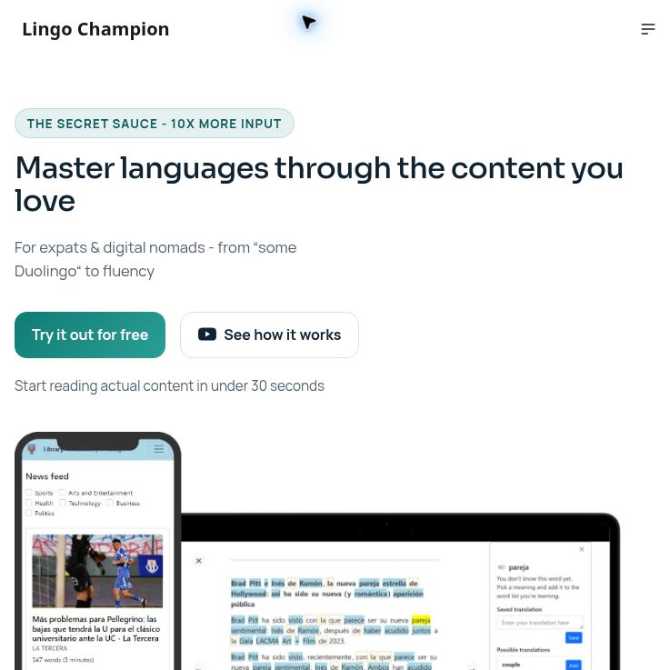 Lingo Champion homepage with its language-learning headline, Try it out for free button and reading-interface preview.