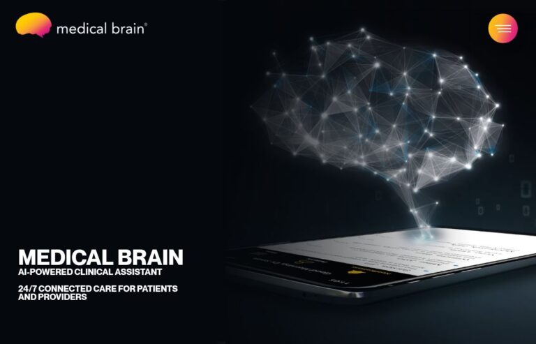 Medical Brain homepage showing its logo, clinical-assistant heading and a network-brain graphic above a tablet.