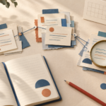 Paper-note clusters linked by blue threads beside an open notebook, magnifying glass, blank calendar and red pencil.