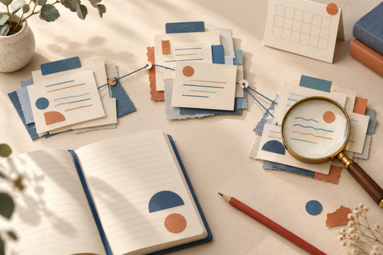 Paper-note clusters linked by blue threads beside an open notebook, magnifying glass, blank calendar and red pencil.