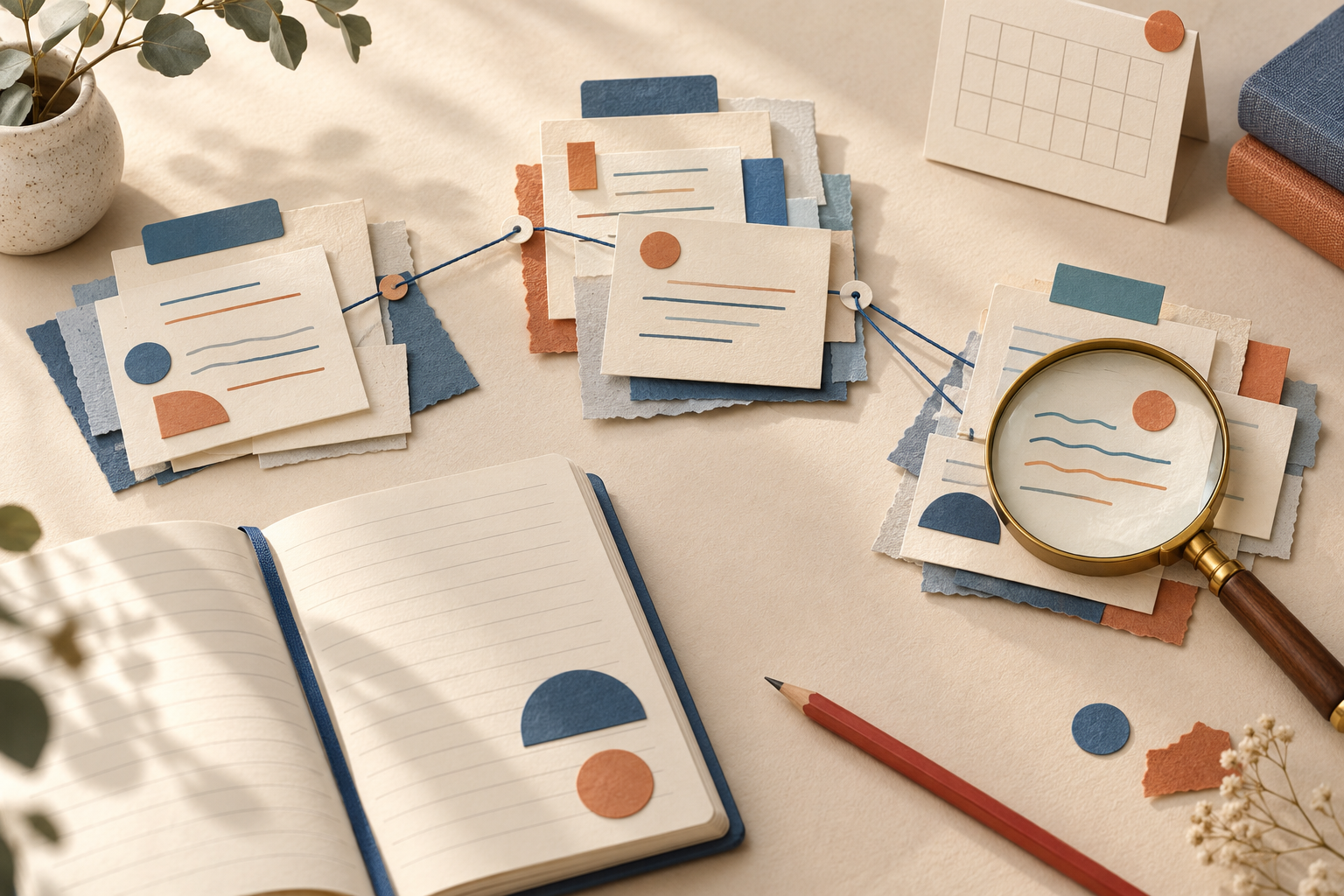 Paper-note clusters linked by blue threads beside an open notebook, magnifying glass, blank calendar and red pencil.