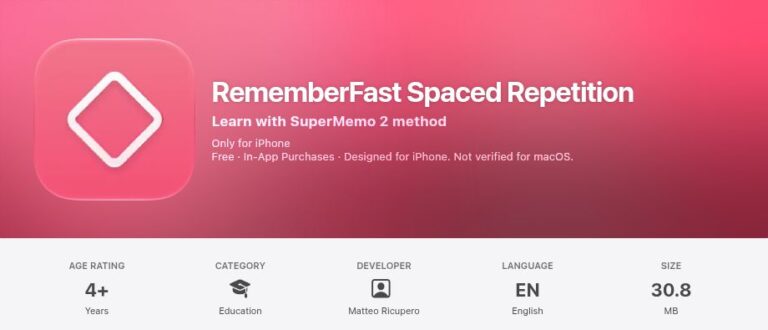 RememberFast Spaced Repetition icon and title, iPhone purchase labels and app information in its UK App Store listing