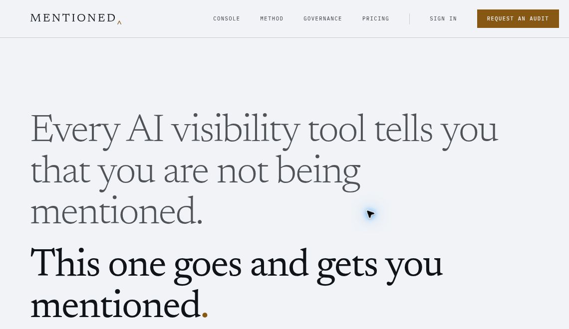Mentioned homepage masthead and headline describing its AI-visibility outreach service.