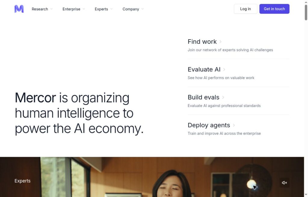 Mercor AI 4 Mercor official homepage presenting expert work, AI evaluation and enterprise services