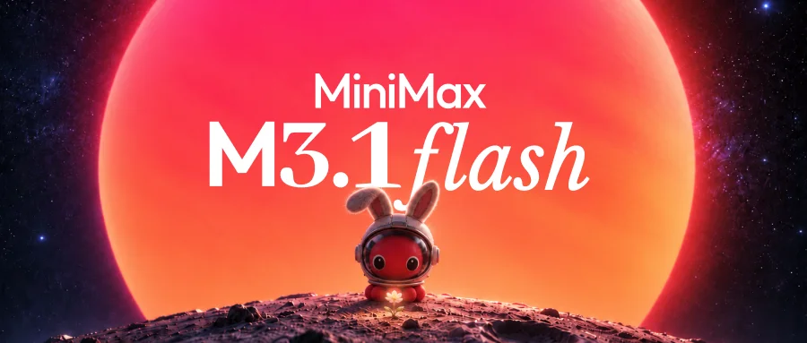 Official MiniMax M3.1 Flash launch artwork showing the Space Bunny mascot on a moon surface in front of a glowing orange planet