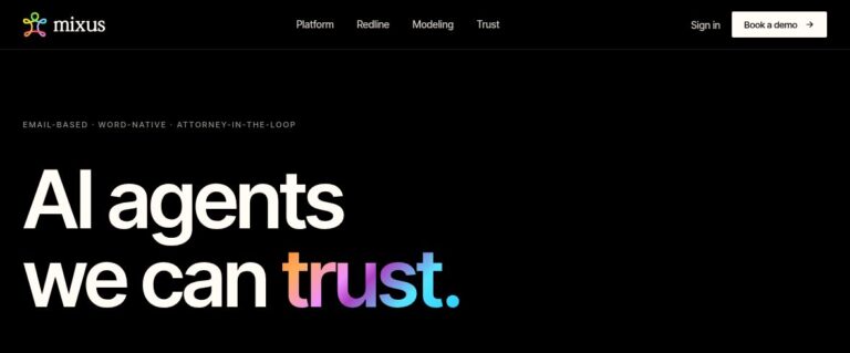 Mixus official homepage brand and headline about AI agents, with email, Word and attorney-in-the-loop context