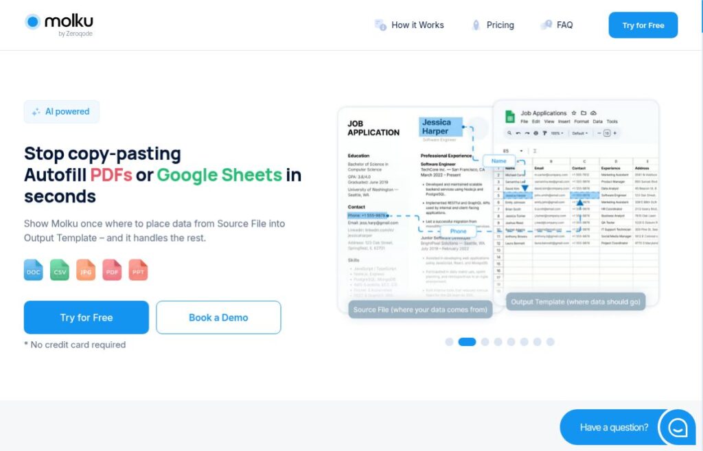 Molku homepage showing PDF and Google Sheets autofill