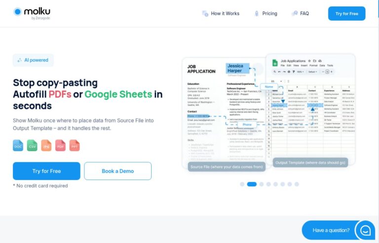 Molku homepage showing PDF and Google Sheets autofill