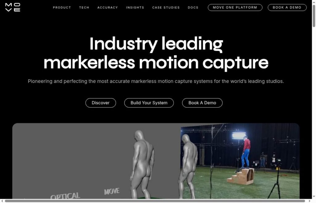 Move AI homepage showing the Move logo, markerless motion capture heading and a recorded performer beside animation previews