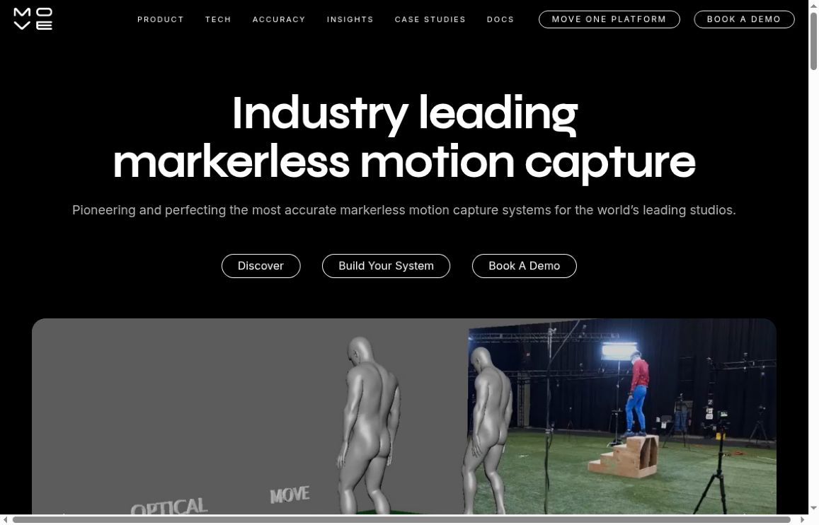 Move AI homepage showing the Move logo, markerless motion capture heading and a recorded performer beside animation previews