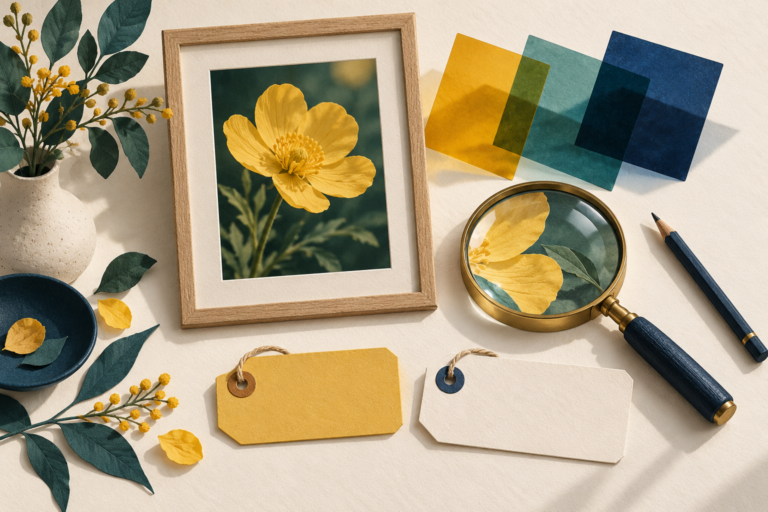 Framed yellow flower with three color-filter sheets, a magnifying glass, pencil and two blank paper tags.