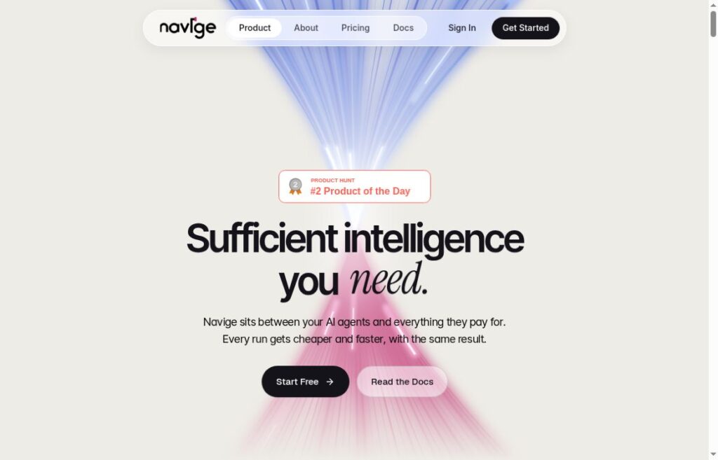 Navige: AI Agent Governance and Cost Controls 3 Navige official homepage showing its sufficient intelligence headline and agent cost-control positioning