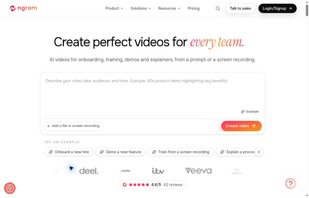 ngram: AI Video Workspace, Features and Credit Limits 5 ngram official homepage showing its AI video brief box and video creation examples