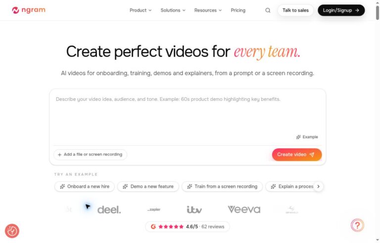 ngram official homepage showing its AI video brief box and video creation examples
