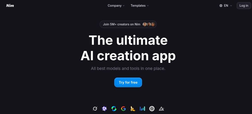 Nim official homepage showing its AI creation app headline and Try for free button