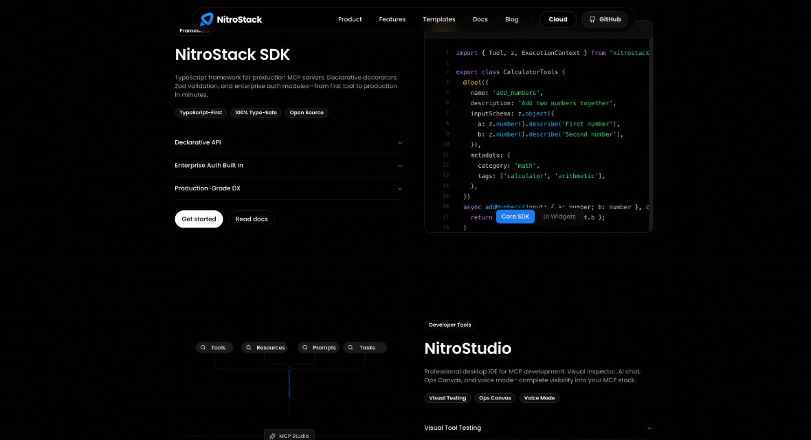 Official NitroStack repository screenshot showing the TypeScript SDK overview and code example.