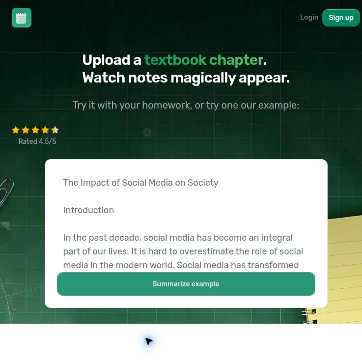 Notedly homepage with its textbook-chapter summary headline, notepad icon and provider example-text panel.