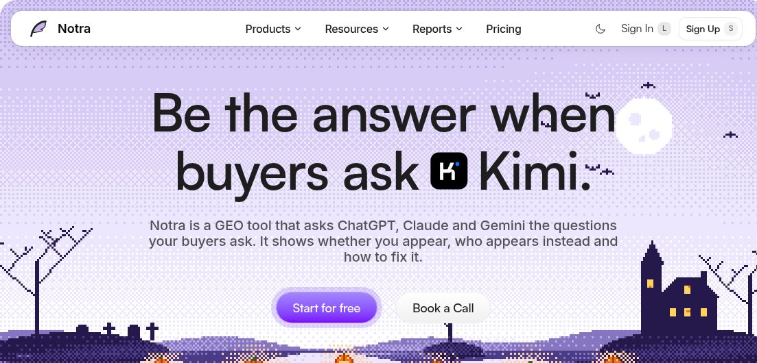 Notra official homepage introducing its GEO tool for tracking brand mentions in AI answers.
