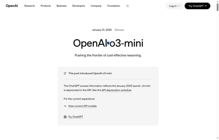OpenAI o3-mini announcement page with its January 31, 2025 date and current API deprecation notice
