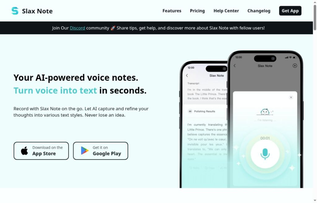 Slax Note official homepage showing voice-to-text notes and mobile app illustrations