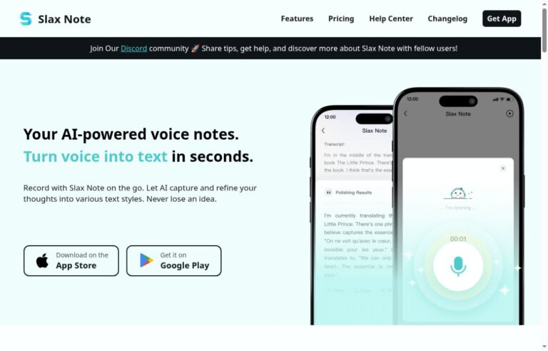 Slax Note official homepage showing voice-to-text notes and mobile app illustrations